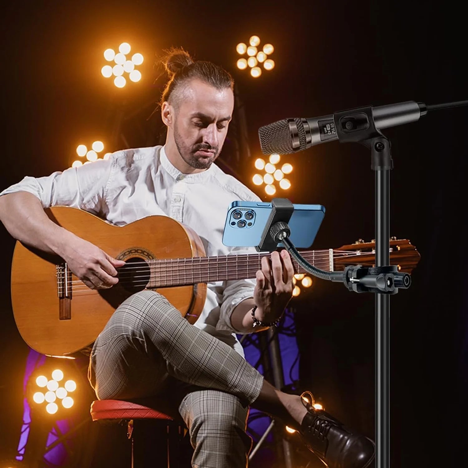 Mic Stand Phone Holder,Flexible Phone Holder for Microphone Stand, Adjustable Iphone Mic Stand Holder, Music Stand Phone Holder for Iphone 14 13 12 MAX Pro Samsung Galaxy All Smartphones