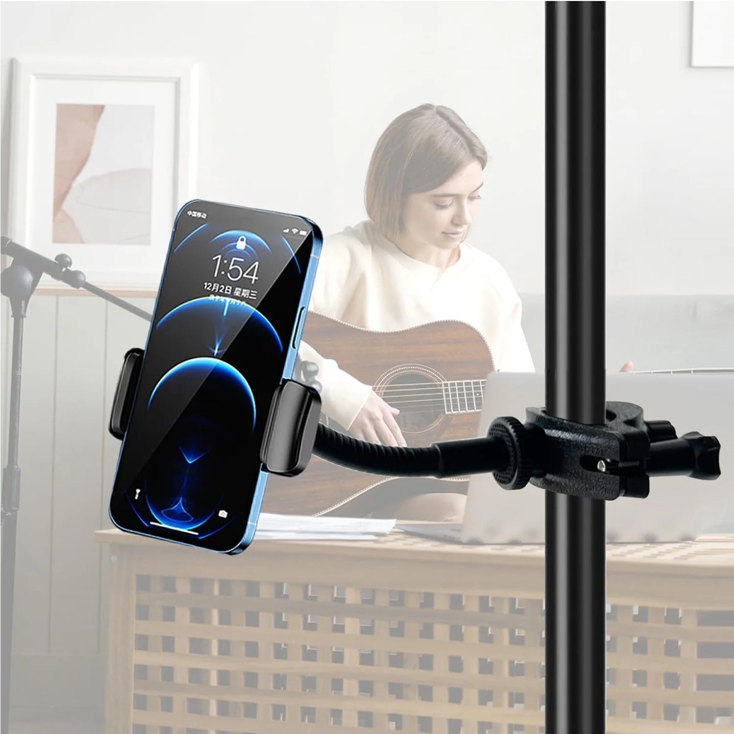 Mic Stand Phone Holder,Flexible Phone Holder for Microphone Stand, Adjustable Iphone Mic Stand Holder, Music Stand Phone Holder for Iphone 14 13 12 MAX Pro Samsung Galaxy All Smartphones